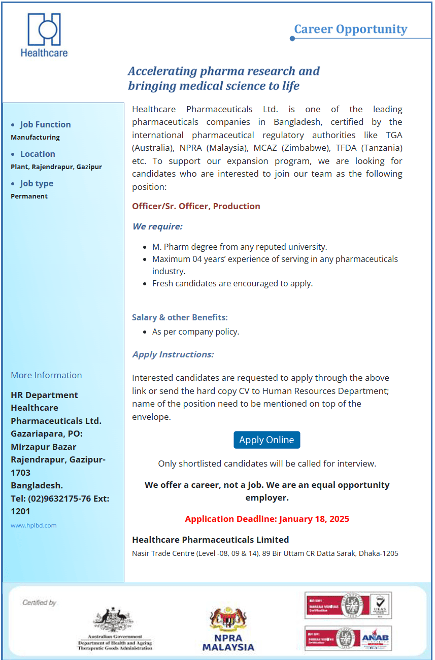 healthcare pharmaceutical job circular 2025