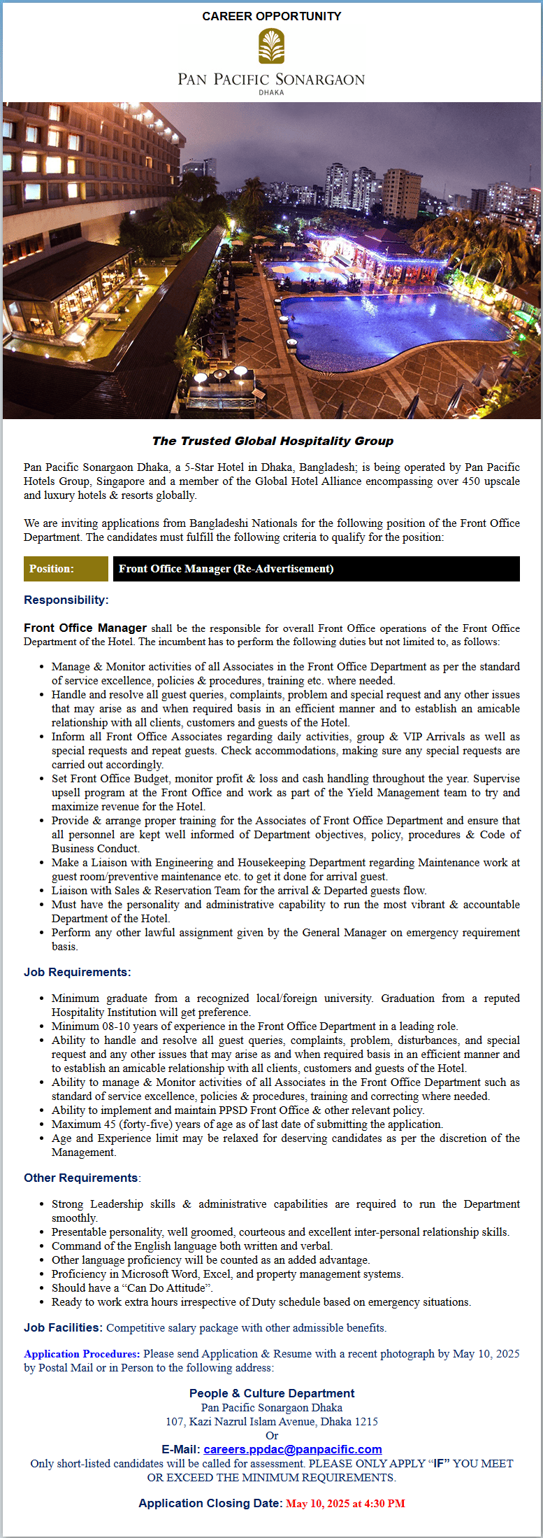 Pan Pacific Sonargaon Hotel Job Circular 2025- Apply Today