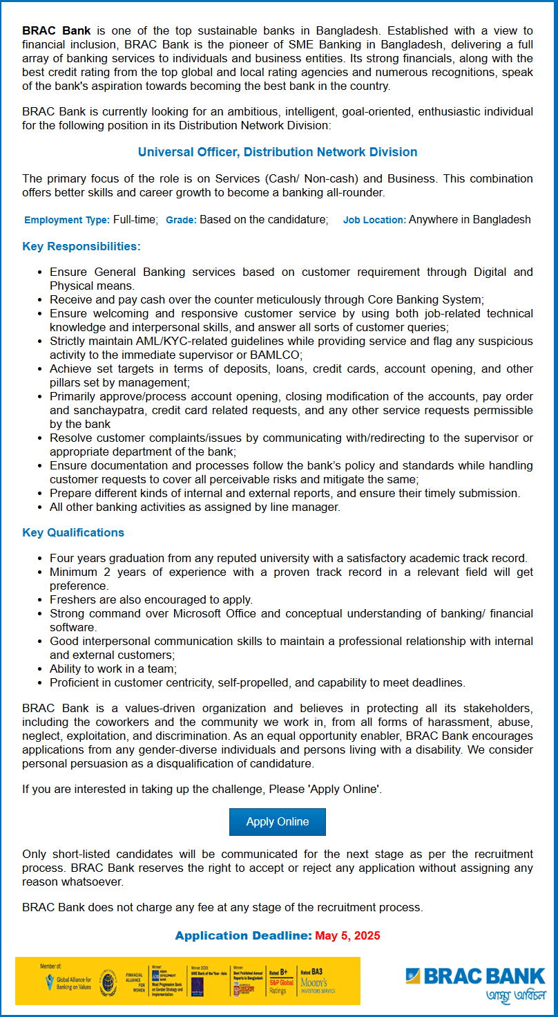 BRAC Bank Plc official recruitment notice for 2025